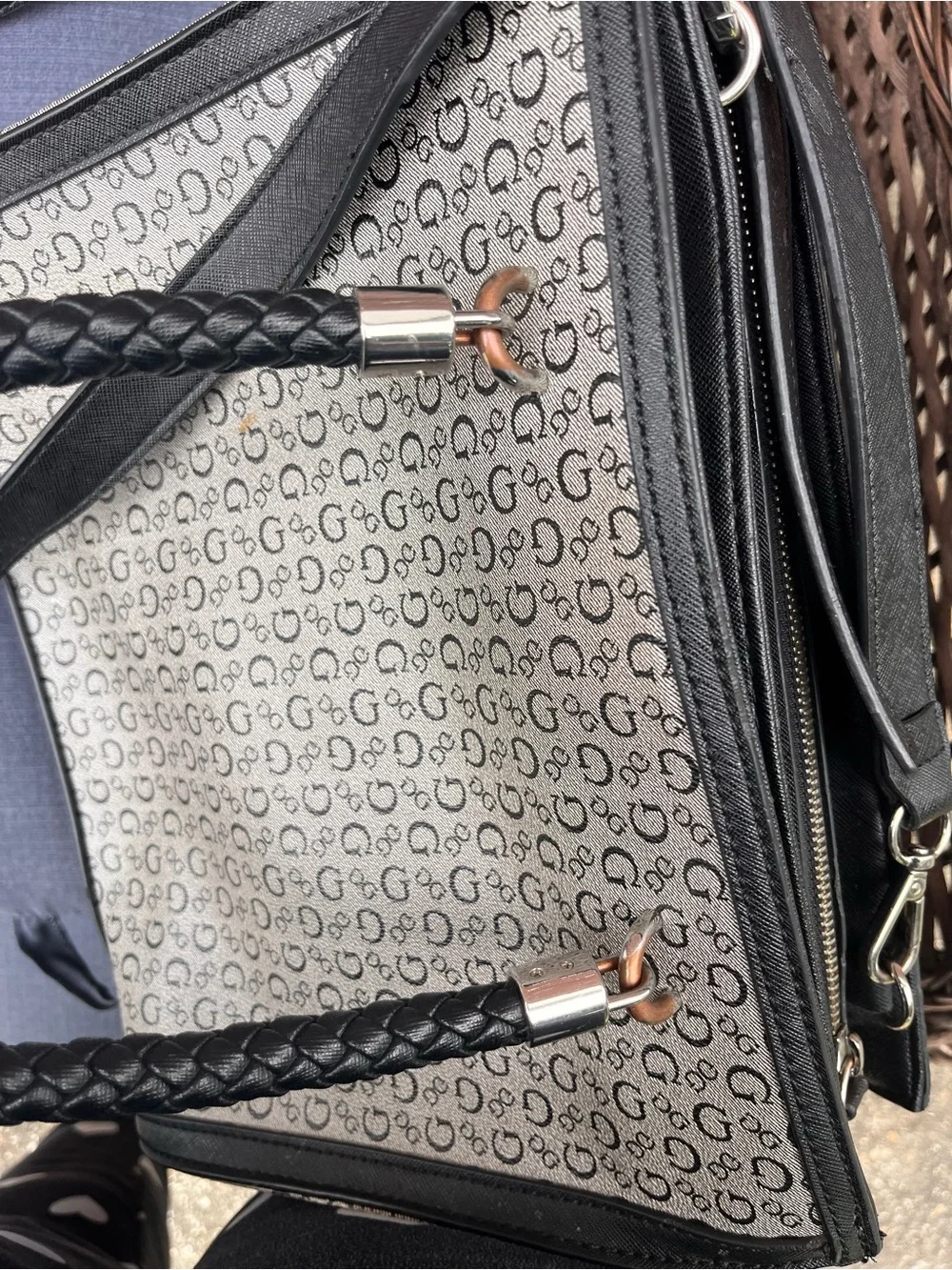 GUESS Beige Monogram Satchel with Black Braided Handles
